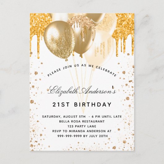 Invitation Carte Postale Ballons d'or blanc d'anniversaire parties scintill (Devant)
