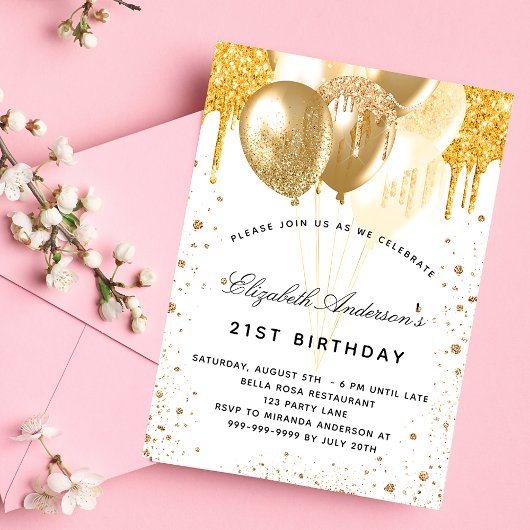 Invitation Carte Postale Ballons d'or blanc d'anniversaire parties scintill