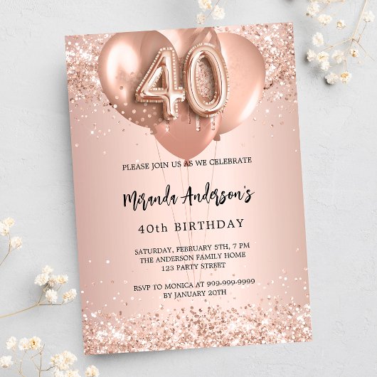 Invitation Carte Postale Ballons d'or rose à 40e anniversaire