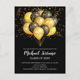 Invitation Carte Postale Ballons Noir Or Et Parti De Graduation Confetti