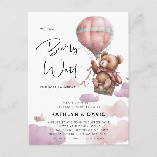 Invitation Carte Postale Balloon Mauve On Peut Attendre Un Baby shower Fill (Devant)