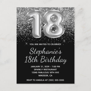 Invitation Carte Postale Balloons Argent Pailleté Noir 18ème Anniversaire