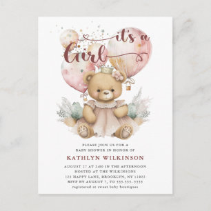 Invitation Carte Postale Balloons roses Ours en Teddy Floral Girl Baby show