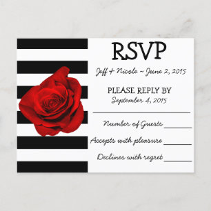 Invitation Carte Postale Bandes noires et blanches avec mariage rose rouge