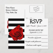Invitation Carte Postale Bandes noires et blanches avec mariage rose rouge (Devant / Derrière)
