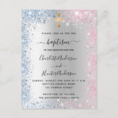 Invitation Carte Postale Baptême argent bleu rose jumeaux garçon fille (Devant)
