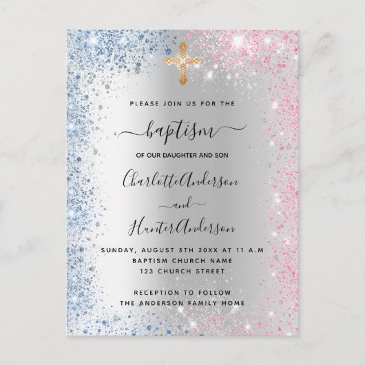 Invitation Carte Postale Baptême argent bleu rose jumeaux garçon fille (Devant)