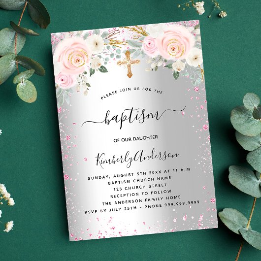 Invitation Carte Postale Baptême argent rose flores parties scintillant fil