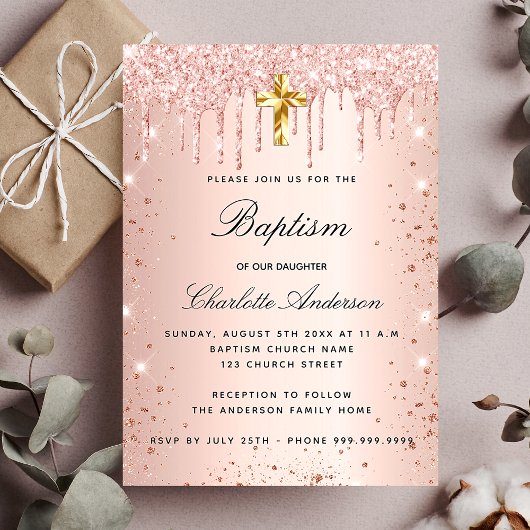 Invitation Carte Postale Baptême blush rose or parties scintillant gouttes