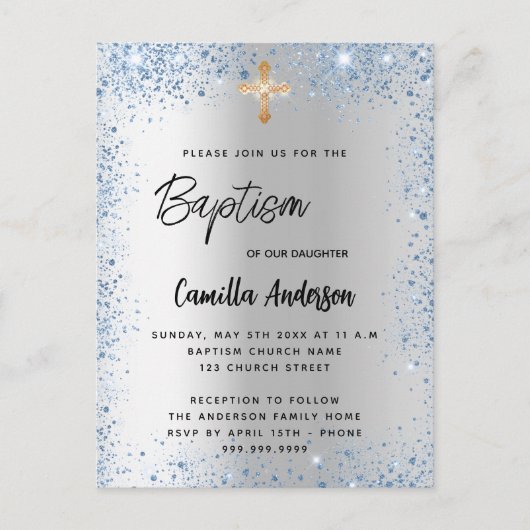 Invitation Carte Postale Baptême croix de parties scintillant de garçon ble (Devant)