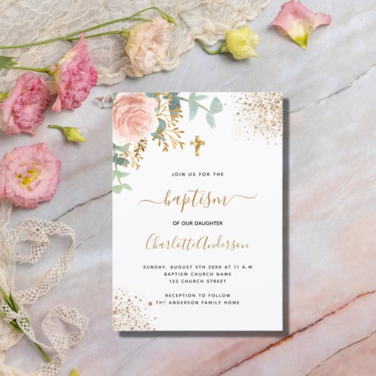 Invitation Carte Postale Baptême eucalyptus verdure rose or floral