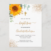 Invitation Carte Postale Baptême eucalyptus vert croix d'or tournesol (Devant)