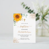 Invitation Carte Postale Baptême eucalyptus vert croix d'or tournesol (Debout devant)