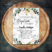 Invitation Carte Postale Baptême eucalyptus vert marbre doré