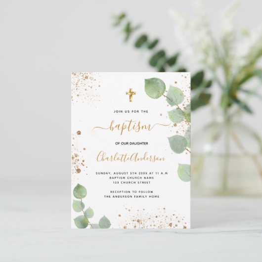 Invitation Carte Postale Baptême eucalyptus vert parties scintillant script (Debout devant)