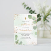 Invitation Carte Postale Baptême eucalyptus vert parties scintillant script (Debout devant)