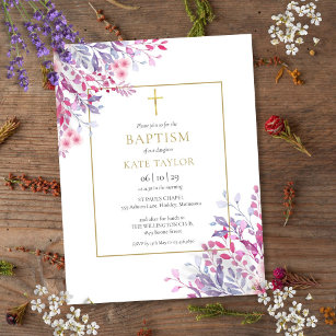 Invitation Carte Postale Baptême fleur sauvage Floral Gold