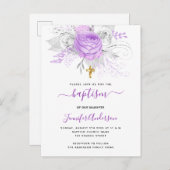 Invitation Carte Postale Baptême fleurons violets fille élégant blanc (Devant / Derrière)