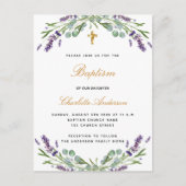 Invitation Carte Postale Baptême lavande violette florale eucalyptus verdur (Devant)