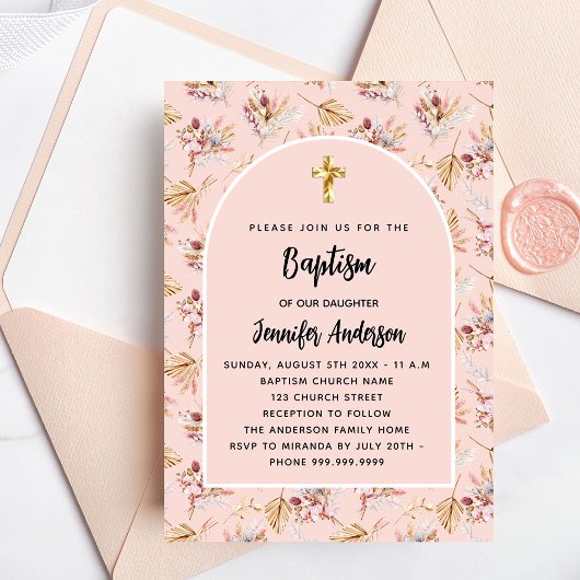 Invitation Carte Postale Baptême pampas floraux rose or rose fille