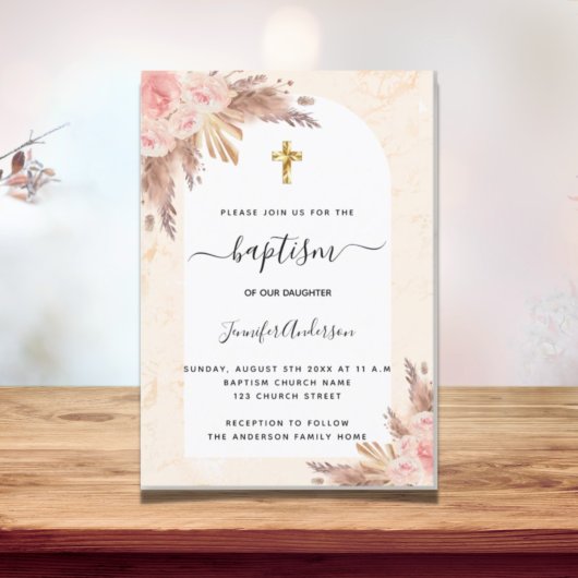 Invitation Carte Postale Baptême pampas herbe rose or rousse marbre rose