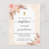 Invitation Carte Postale Baptême pampas herbe rose or rousse marbre rose (Devant)