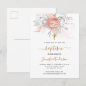Invitation Carte Postale Baptême rose or florales fille blanc élégant (Devant / Derrière)