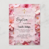 Invitation Carte Postale Baptême rose rousse fleurs bébé fille (Devant)