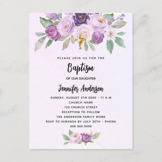 Invitation Carte Postale Baptême violet fleurs croix de verdure (Devant)