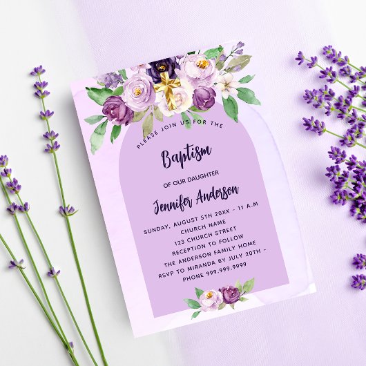 Invitation Carte Postale Baptême violet fleurs violet croix fille