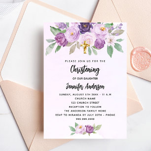 Invitation Carte Postale Baptiste fleurs violet croix verte