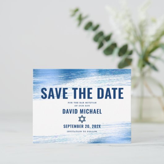 Invitation Carte Postale Bar Mitzvah Enregistrer Date Marine Typographie Bl (Debout devant)