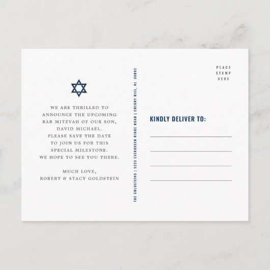 Invitation Carte Postale Bar Mitzvah Enregistrer Date Moderne Turquoise Gol (Dos)
