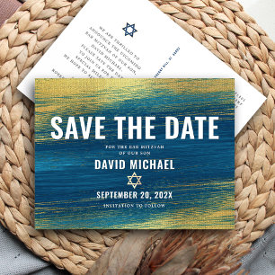 Invitation Carte Postale Bar Mitzvah Enregistrer Date Moderne Turquoise Gol