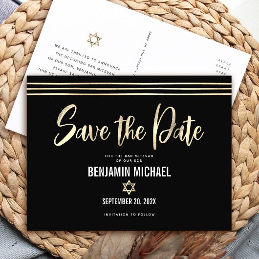 Invitation Carte Postale Bar Mitzvah Enregistrer la date Black Gold Foil Sc