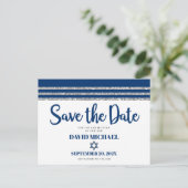 Invitation Carte Postale Bar Mitzvah Enregistrer la date Marine bleu Tallit (Debout devant)