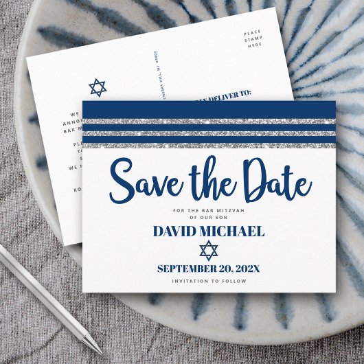 Invitation Carte Postale Bar Mitzvah Enregistrer la date Marine bleu Tallit