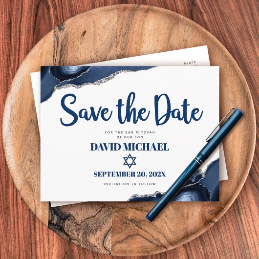 Invitation Carte Postale Bar Mitzvah Enregistrer la date Marine Blue Agate 