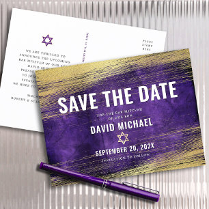 Invitation Carte Postale Bar Mitzvah Enregistrer la date Purple Ombre Gold 