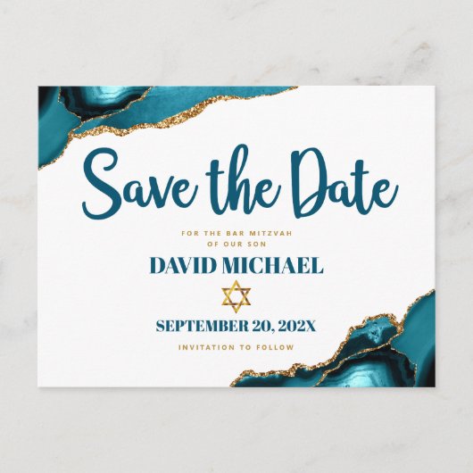 Invitation Carte Postale Bar Mitzvah Enregistrer la date Turquoise Agate Sc (Devant)