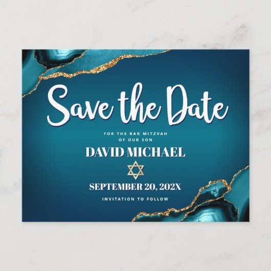 Invitation Carte Postale Bar Mitzvah Enregistrer la date Turquoise Ombre Ag (Devant)