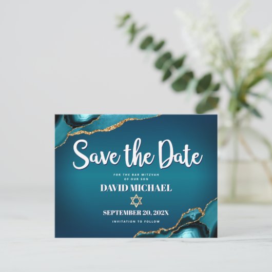 Invitation Carte Postale Bar Mitzvah Enregistrer la date Turquoise Ombre Ag (Debout devant)