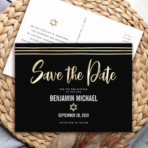 Invitation Carte Postale Bar Mitzvah Enregistrez la date Noir Or Feuille Sc