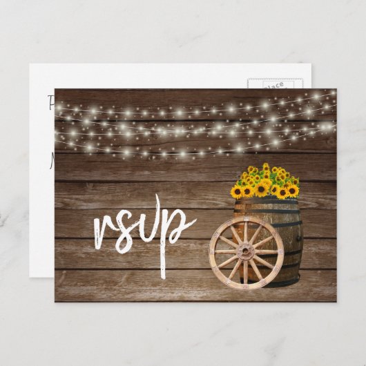 Invitation Carte Postale Baril de bois rustique et tournesol - RSVP (Devant / Derrière)