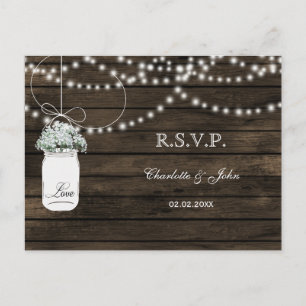 Invitation Carte Postale Barnwood bébé's breath mason jarres mariage RSVP