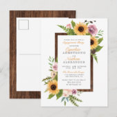 Invitation Carte Postale Barre Wood Sunflowers & Roses (Devant / Derrière)