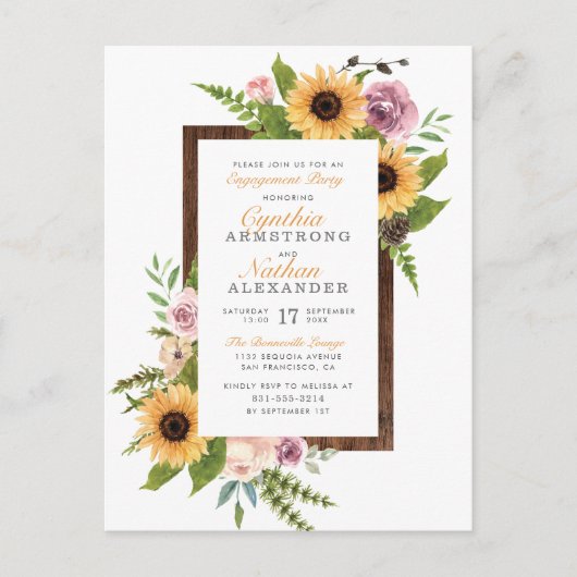 Invitation Carte Postale Barre Wood Sunflowers & Roses (Devant)