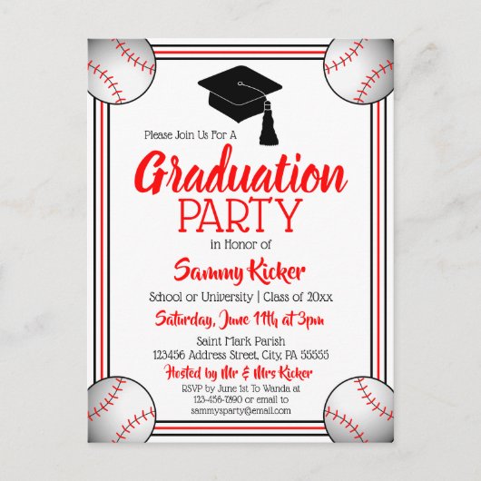 Invitation Carte Postale Baseball Red & Black Graduation Party (Devant)