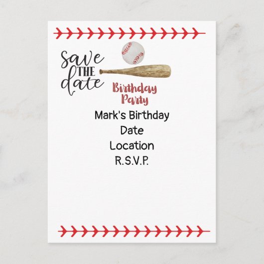 Invitation Carte Postale Baseball Sauvez la date d'anniversaire (Devant)