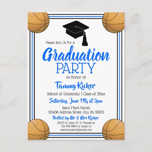 Invitation Carte Postale Basketball Blue & Black Graduation Party (Devant)